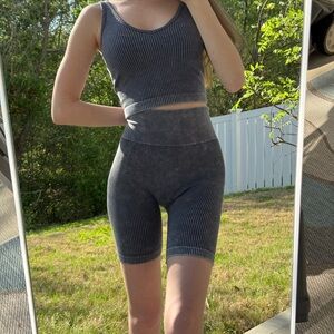 Gray Ribbed Tank Top and Shorts Set